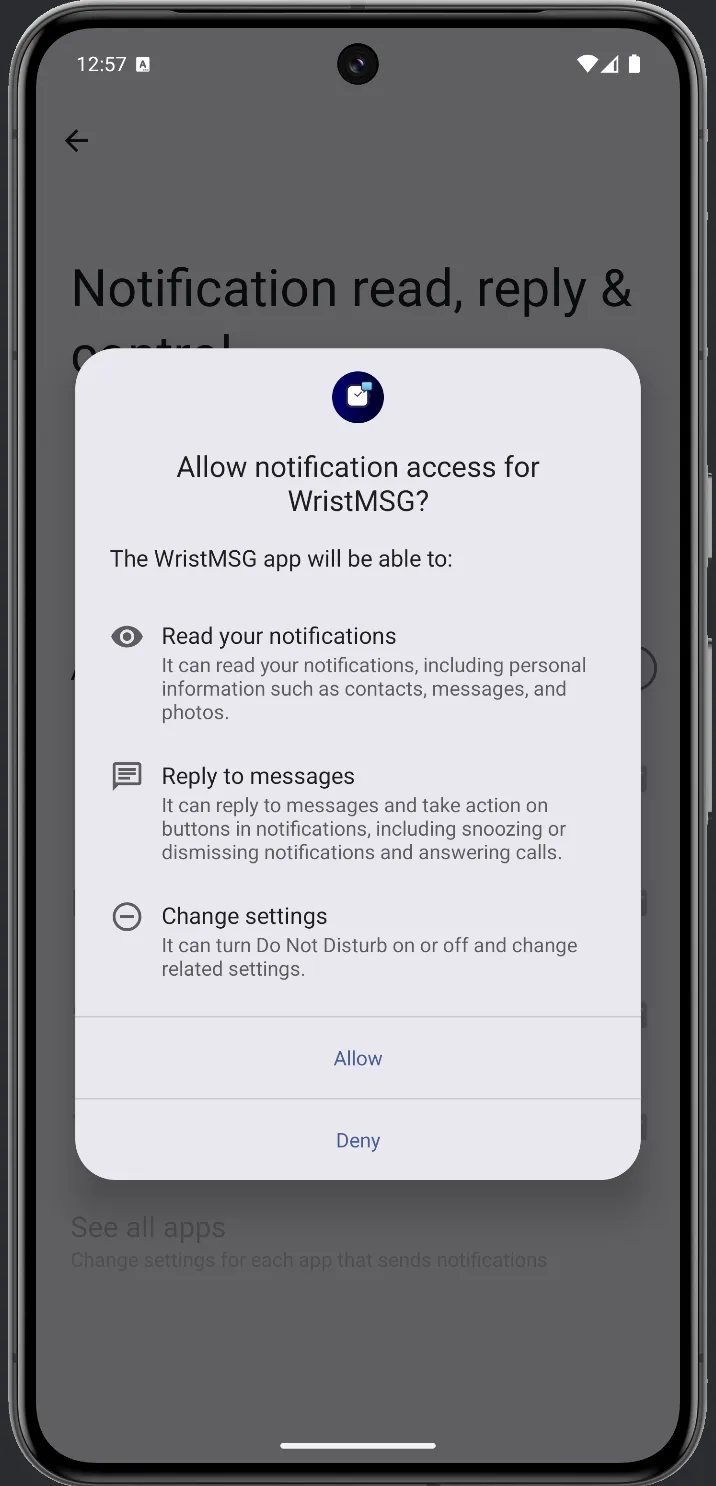 WristMSG notification access page with toggle turned on and all notification categories checked