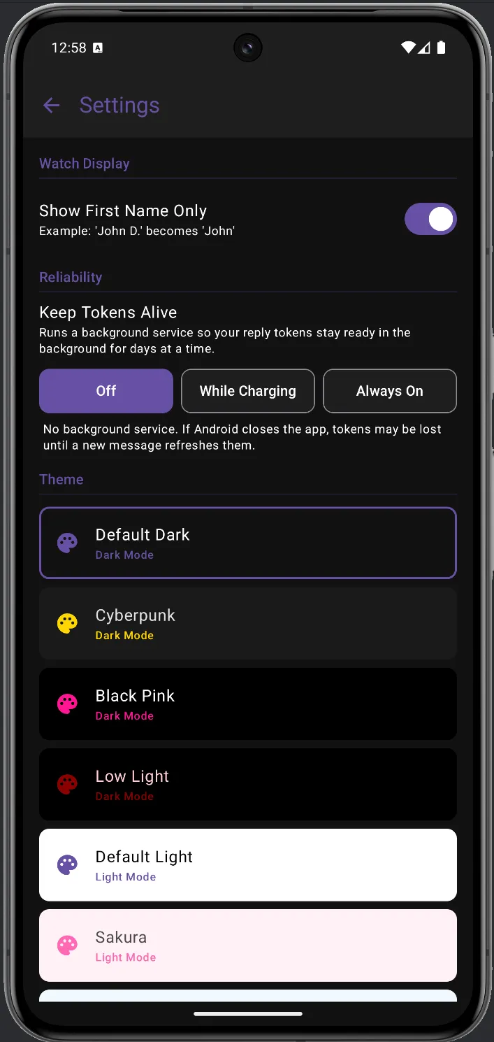 WristMSG Settings in Default Dark theme — purple accent, dark background
