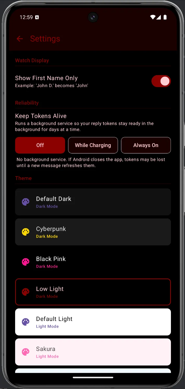 WristMSG Settings in Low Light theme