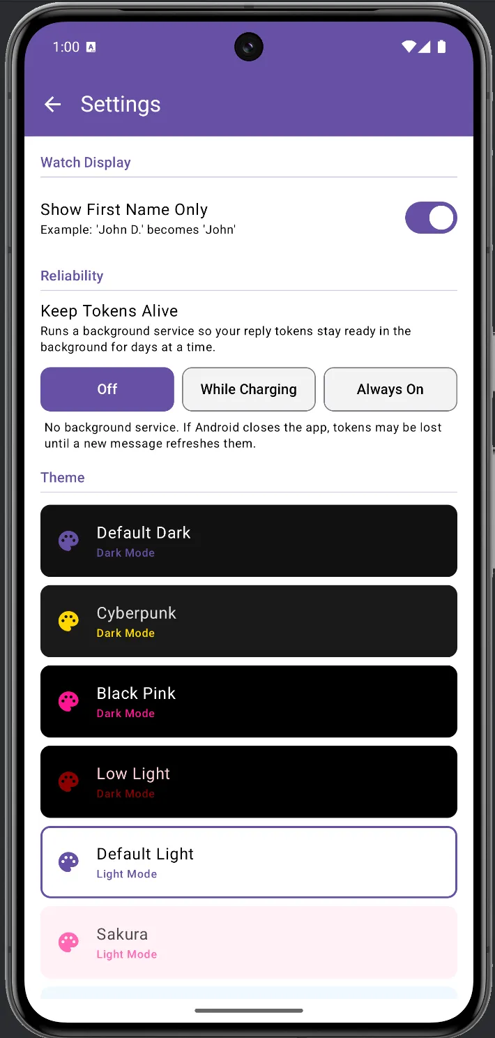WristMSG Settings in another dark theme variant