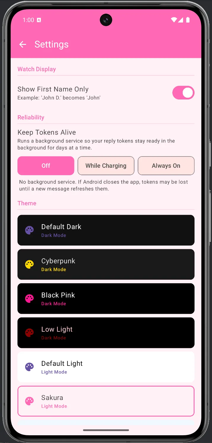 WristMSG Settings in Default Light theme — light background