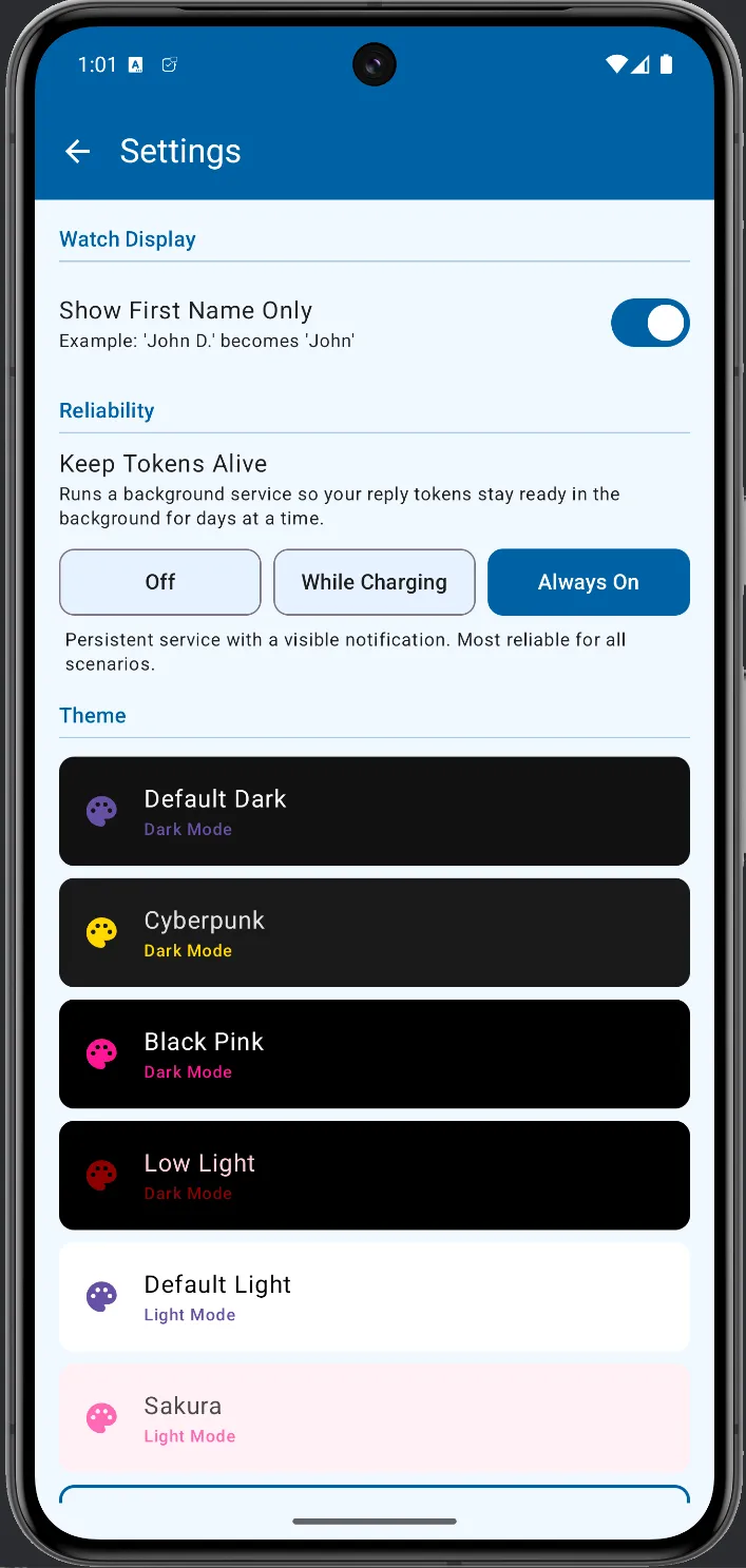 WristMSG Settings showing Keep Tokens Alive set to Always On
