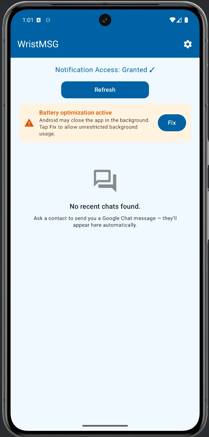 WristMSG home screen showing 'Battery optimization active — Android may close the app in the background' warning with a Fix button