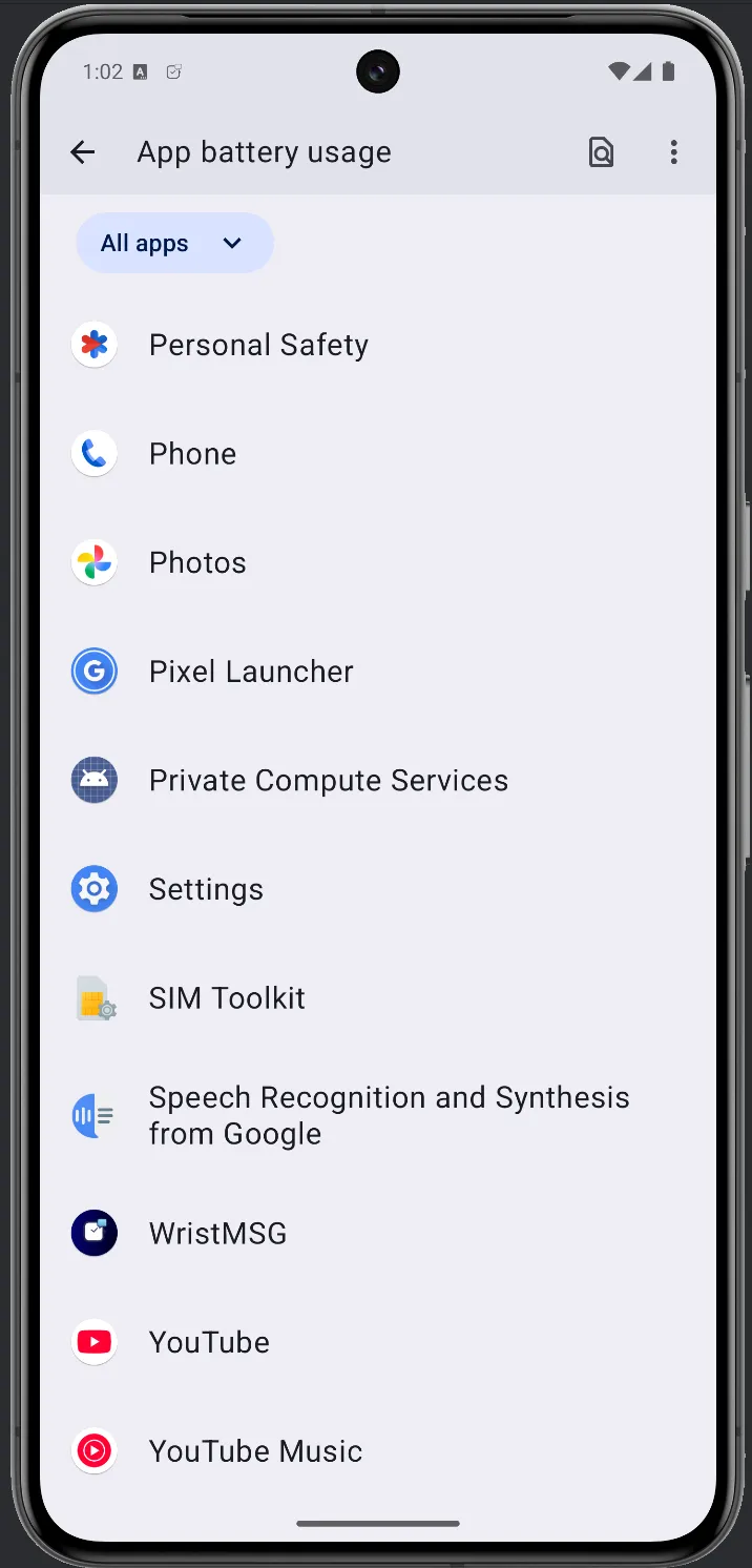 Android App battery usage list scrolled to show WristMSG near the bottom