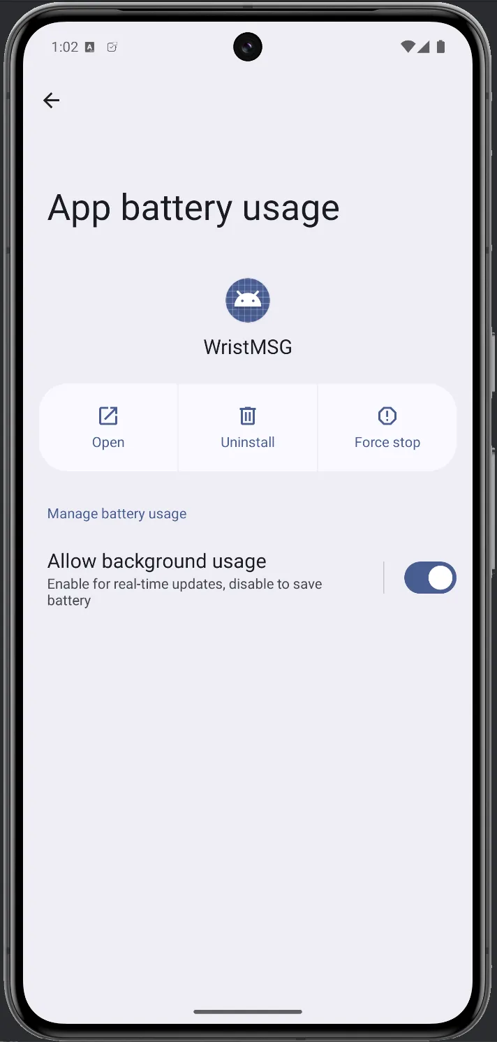 WristMSG app detail page in Android settings showing Allow background usage option