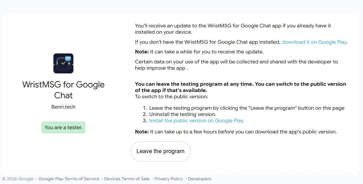 Google Play testing confirmation page in a web browser showing 'You are a tester.' and a 'download it on Google Play' link