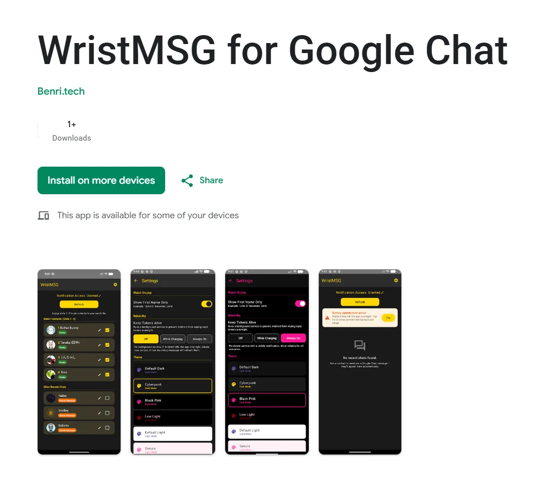 WristMSG Google Play Store listing showing the green 'Install on more devices' button
